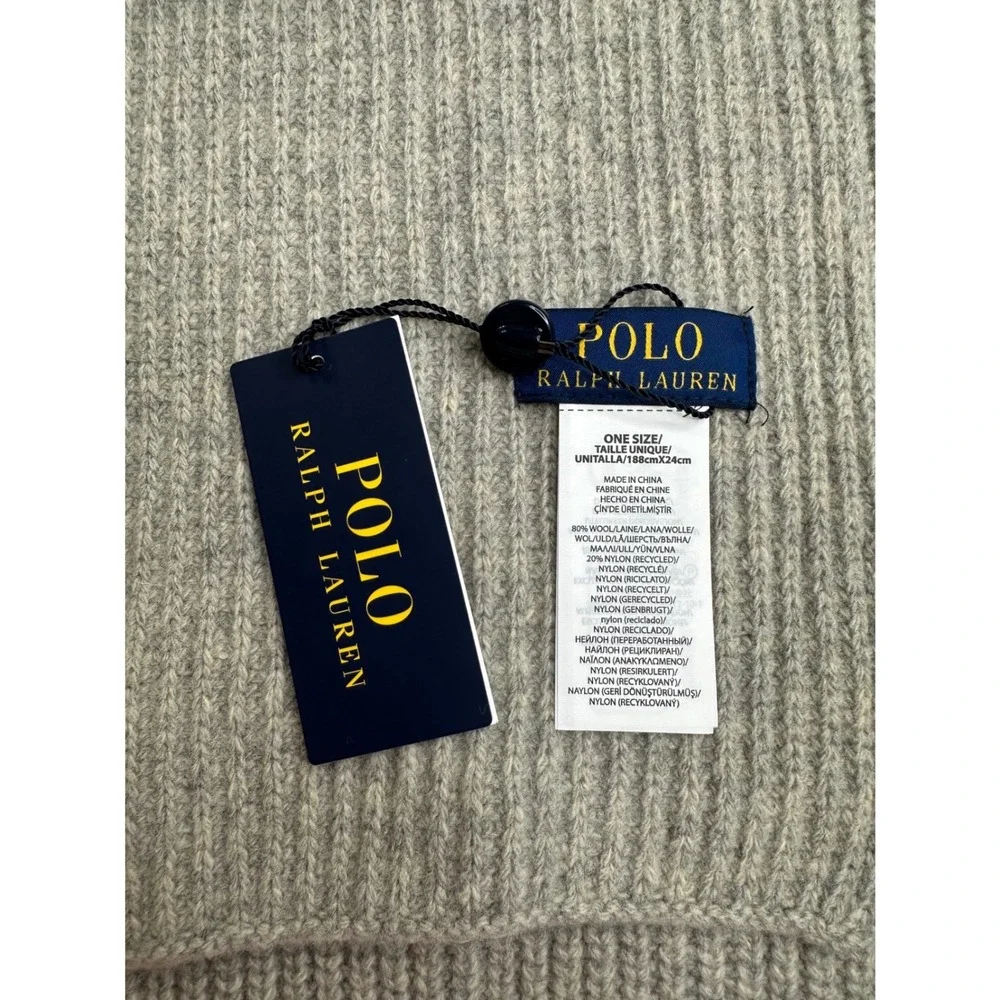 Polo Ralph Lauren Mens Grey Ribbed Wool Blend Scarf Embroidered Pony Logo NWT‎